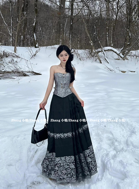 新中式国风黑色汉服改良马面裙女夏季小个子系带半身裙上衣一整套