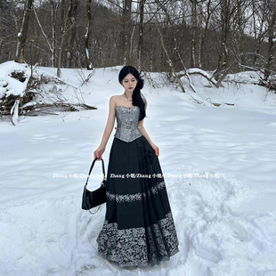 新中式国风黑色汉服改良马面裙女夏季小个子系带半身裙上衣一整套