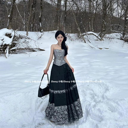 新中式国风黑色汉服改良马面裙女夏季小个子系带半身裙上衣一整套