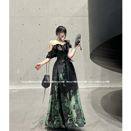 新中式国风黑色蛇年汉服马面裙女春秋款晚礼服高腰半身裙上衣套装