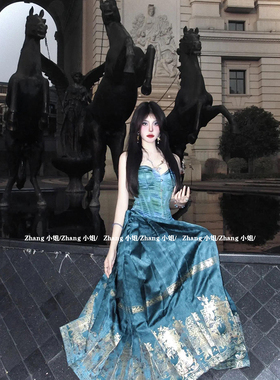 新中式国风蓝色汉服马面裙套装女夏季新款长款高腰百褶半身裙抹胸