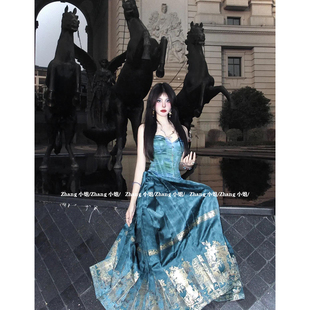 新中式国风蓝色汉服马面裙套装女夏季新款长款高腰百褶半身裙抹胸