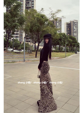 美式复古豹纹高腰半身裙女秋冬季御姐约会休闲百搭显瘦包臀裙长裙