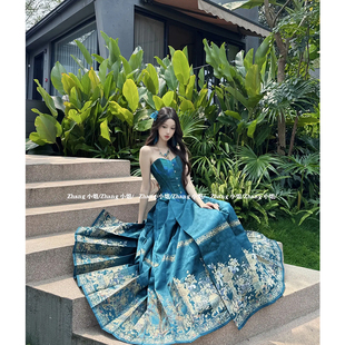 新中式国风蓝色马面裙女夏季新款长款汉服百褶半身裙抹胸上衣套装