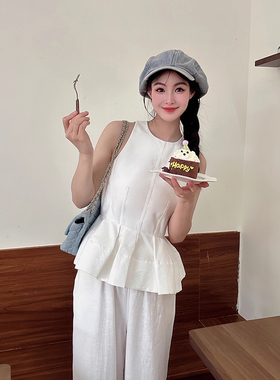 EAR RAE 荷叶边白色吊带背心女夏季外穿不规则设计感显瘦无袖上衣