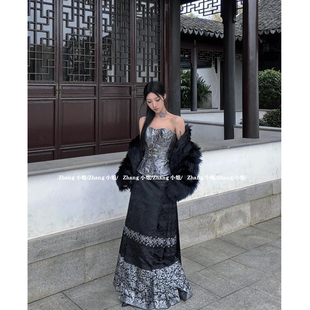 新中式国风黑色汉服改良马面裙女夏季高腰系带半身裙抹胸上衣套装