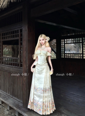 新中式国风白色汉服改良百褶马面裙女夏绝美荷叶边一字肩上衣套装