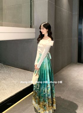 新中式国风绝美汉服改良马面裙女秋冬季成人礼一字肩长袖上衣套装