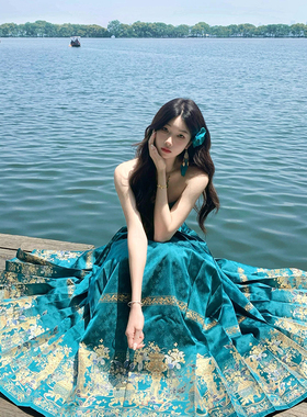 绝美新中式国风套装女夏季成人礼蓝色汉服百褶马面裙抹胸上衣套装