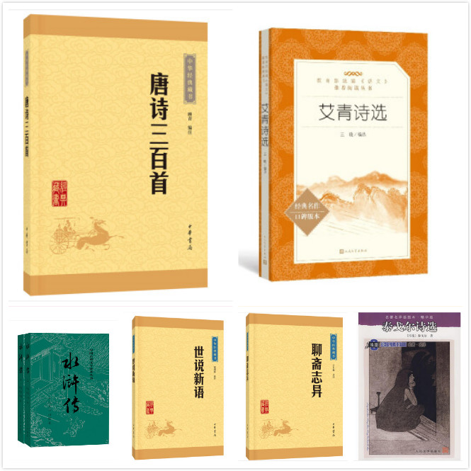 艾青诗选+水浒传(上下)+唐诗三百首+世说新语+聊斋志异+泰戈尔诗选共7册中华书局/人民文学9年级上