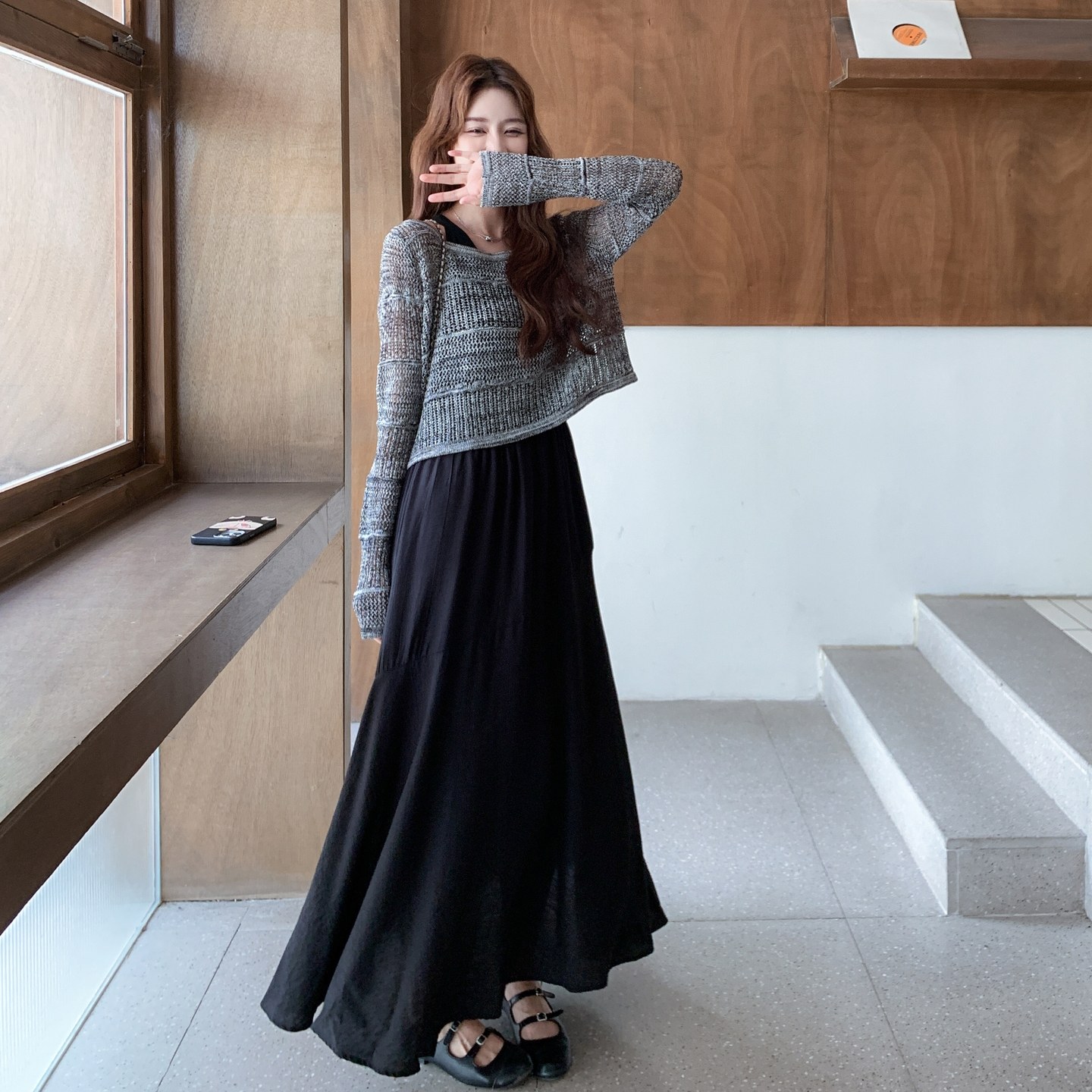 高级感慵懒老钱风镂空亚麻长袖针织衫女春秋法式高腰两件套长裙