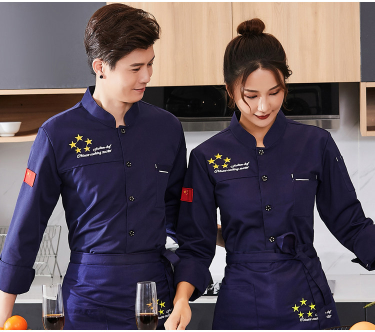 爆款厨师工作服长袖男中国风餐饮饭店酒店厨师服短袖女春秋带国旗