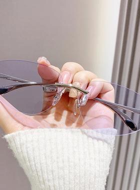 新款欧美无框个性太阳眼镜女高级感潮小框切边椭圆形复古跨境墨镜