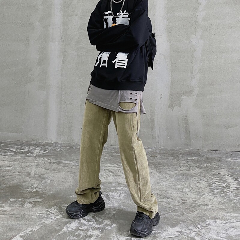2023春夏灯芯绒拖地庸懒风休闲长裤宽松直筒垂感ins潮流CK17P49,男装休闲裤,星座101A-1