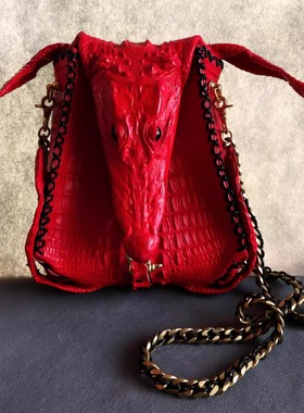 BZ原创设计手工皮具大红色鳄鱼皮整张全编织斜挎包时尚潮流