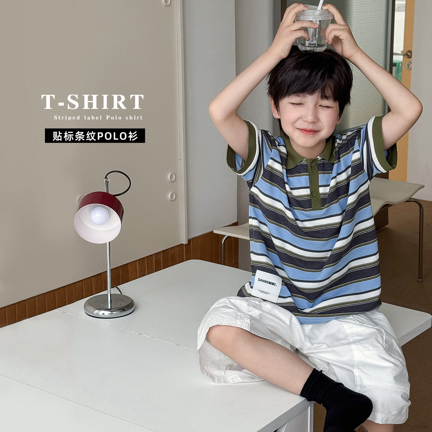 儿童洋气贴标条纹撞色翻领polo衫2026夏新款韩版男童休闲T恤上衣