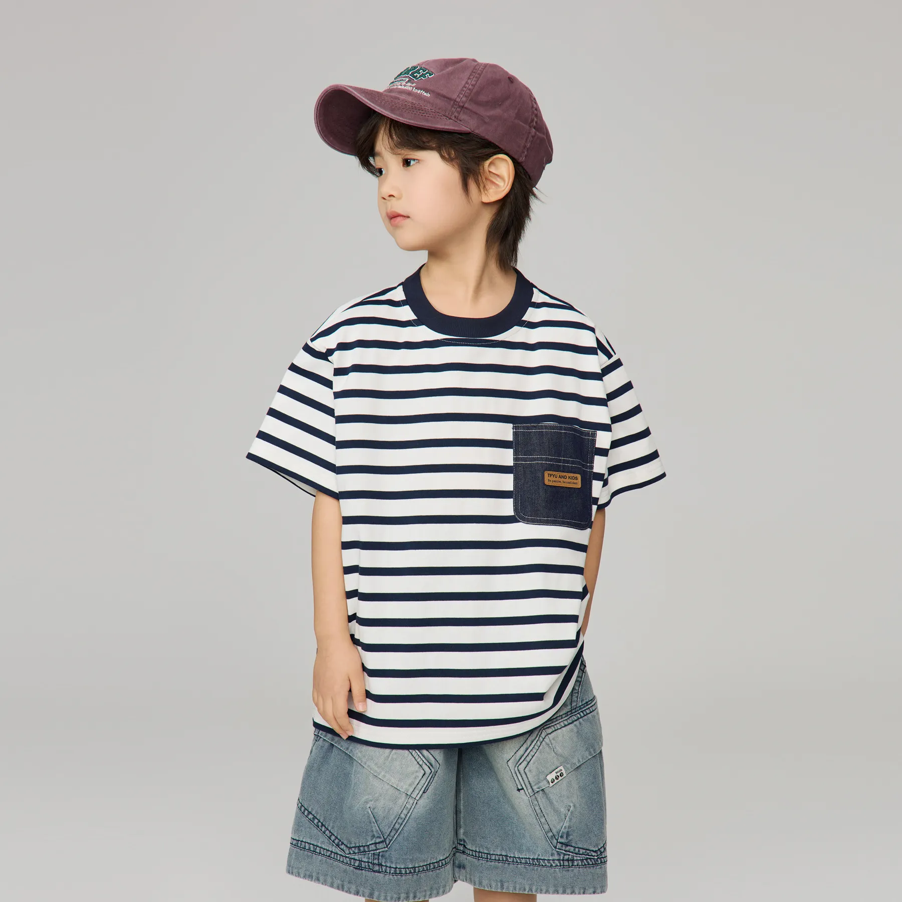 男宝宝帅气牛仔口袋条纹拼色圆领短袖T恤2026夏男童休闲半袖上衣