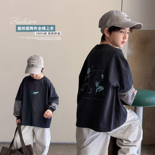 条纹假两件全棉长袖打底衫