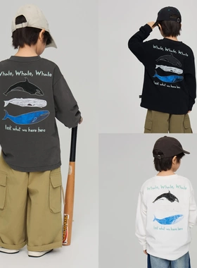 儿童洋气鲸鱼印花纯棉圆领打底衫潮2025秋季男童宽松休闲T恤上衣