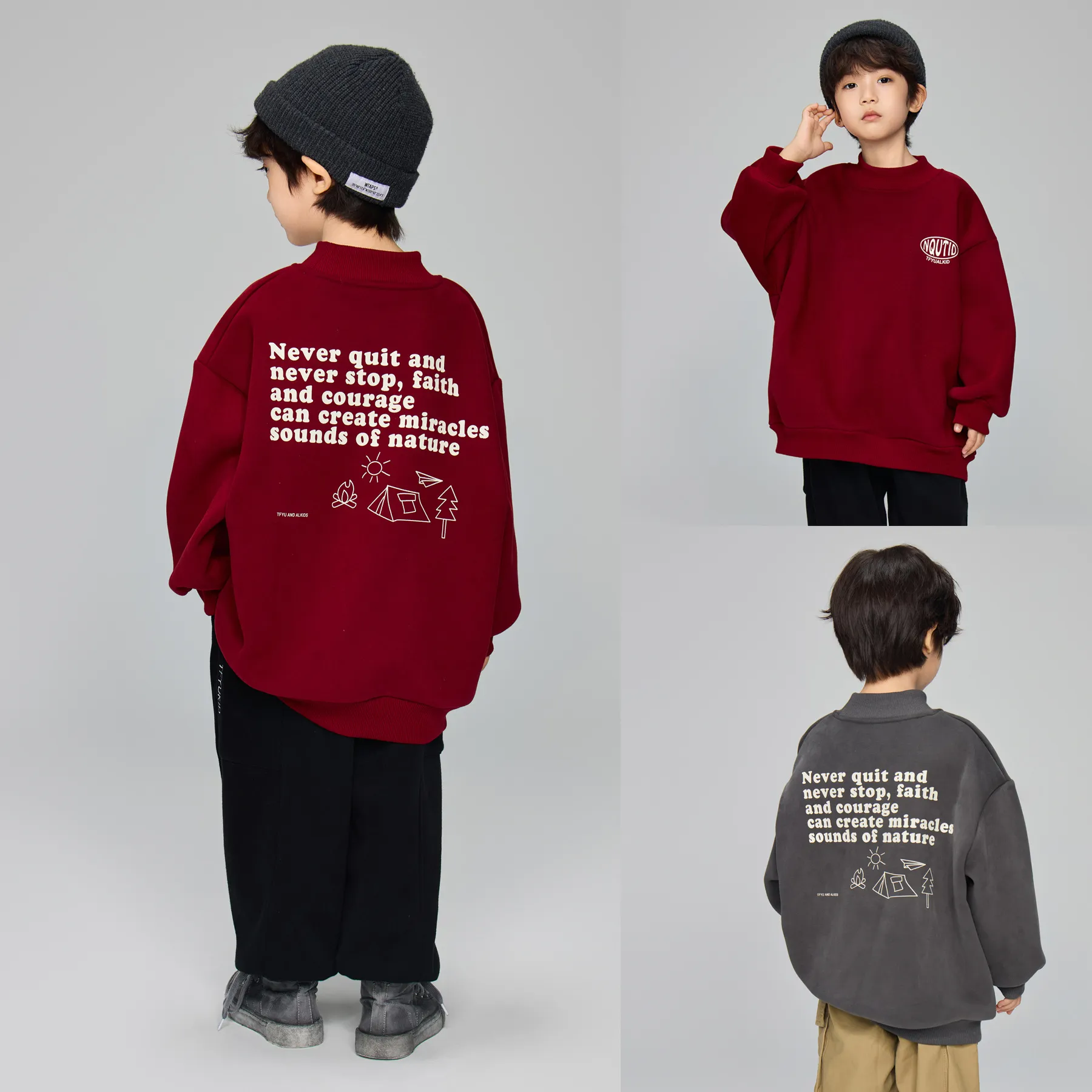 儿童新年红字母印花加厚一体绒圆领套头卫衣冬季男童长袖休闲上衣