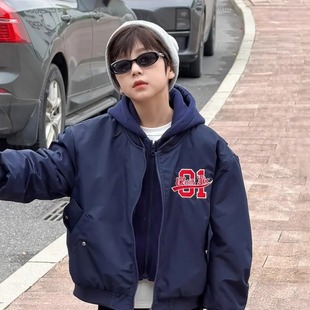 儿童洋气刺绣加厚夹棉防风假两件飞行员夹克冬季男童保暖棉服外套