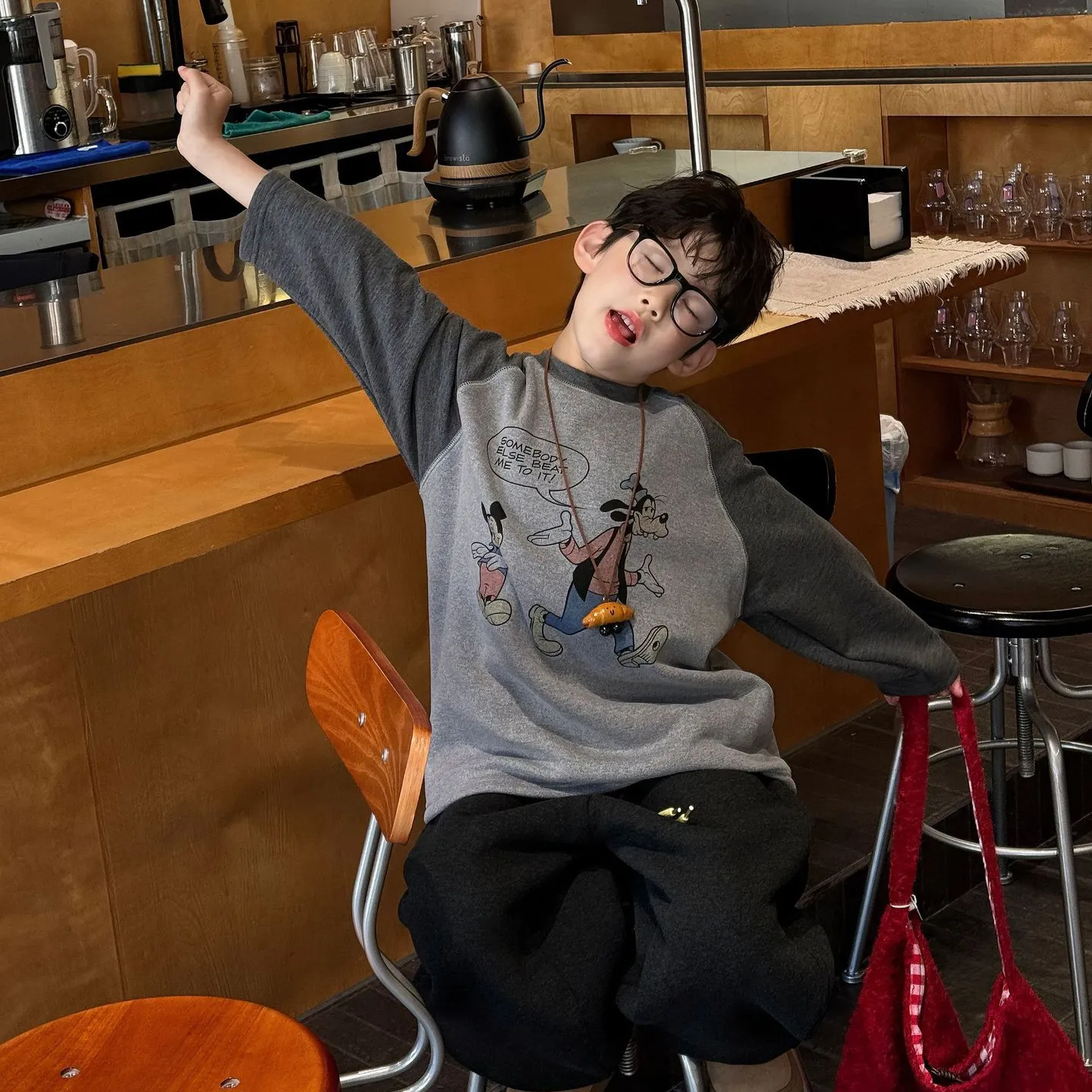 卡通复合奥粒绒拼色长袖打底衫