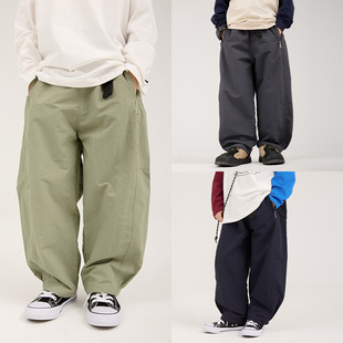 儿童简约纯色尼龙小方格工装裤潮2025秋季男童宽松休闲直筒长裤子