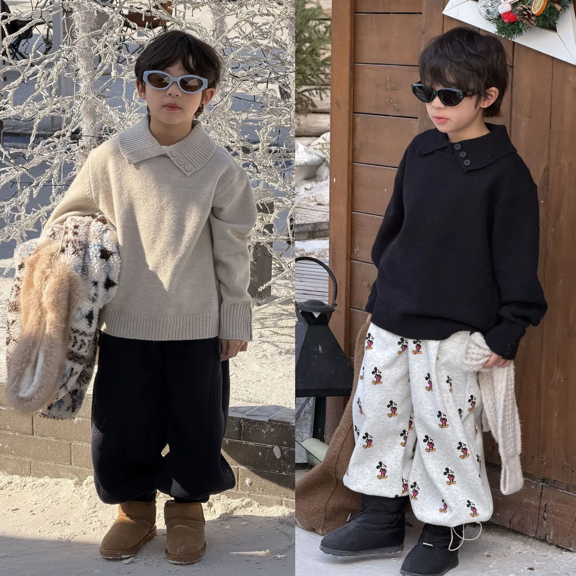 加厚纯色翻领套头长袖针织衫