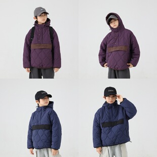 男宝宝刺绣加厚夹棉连帽套头棉服潮2026冬季男童保暖宽松棉衣外套
