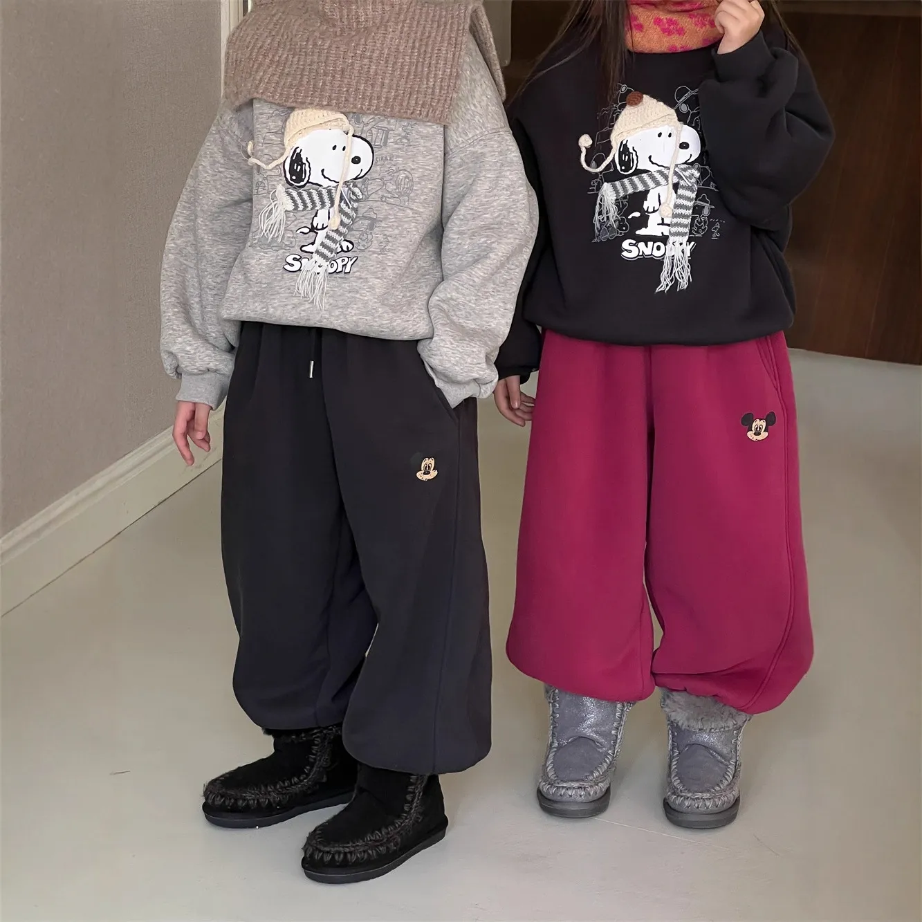 儿童米奇印花加厚羊驼绒纯色运动卫裤冬季男女童保暖休闲束脚长裤