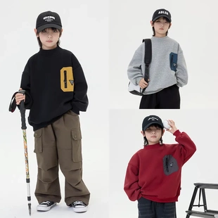 休闲上衣 男童长袖 儿童个性 拉链撞色口袋加绒加厚圆领套头卫衣冬季