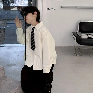 儿童学院风纯色加绒翻领领带长袖白衬衫冬季韩版男童保暖休闲衬衣