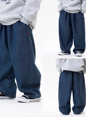 儿童软糯蓝色加绒加厚牛仔裤百搭冬季男童宽松慵懒休闲直筒长裤