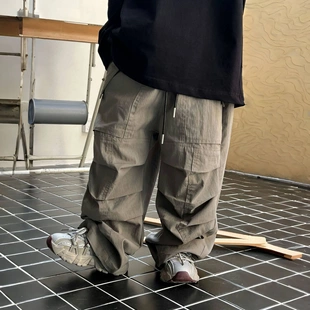 潮秋季 男童寬松直筒傘兵褲 立體剪裁純色工裝 長褲 休閑褲 男寶寶個性
