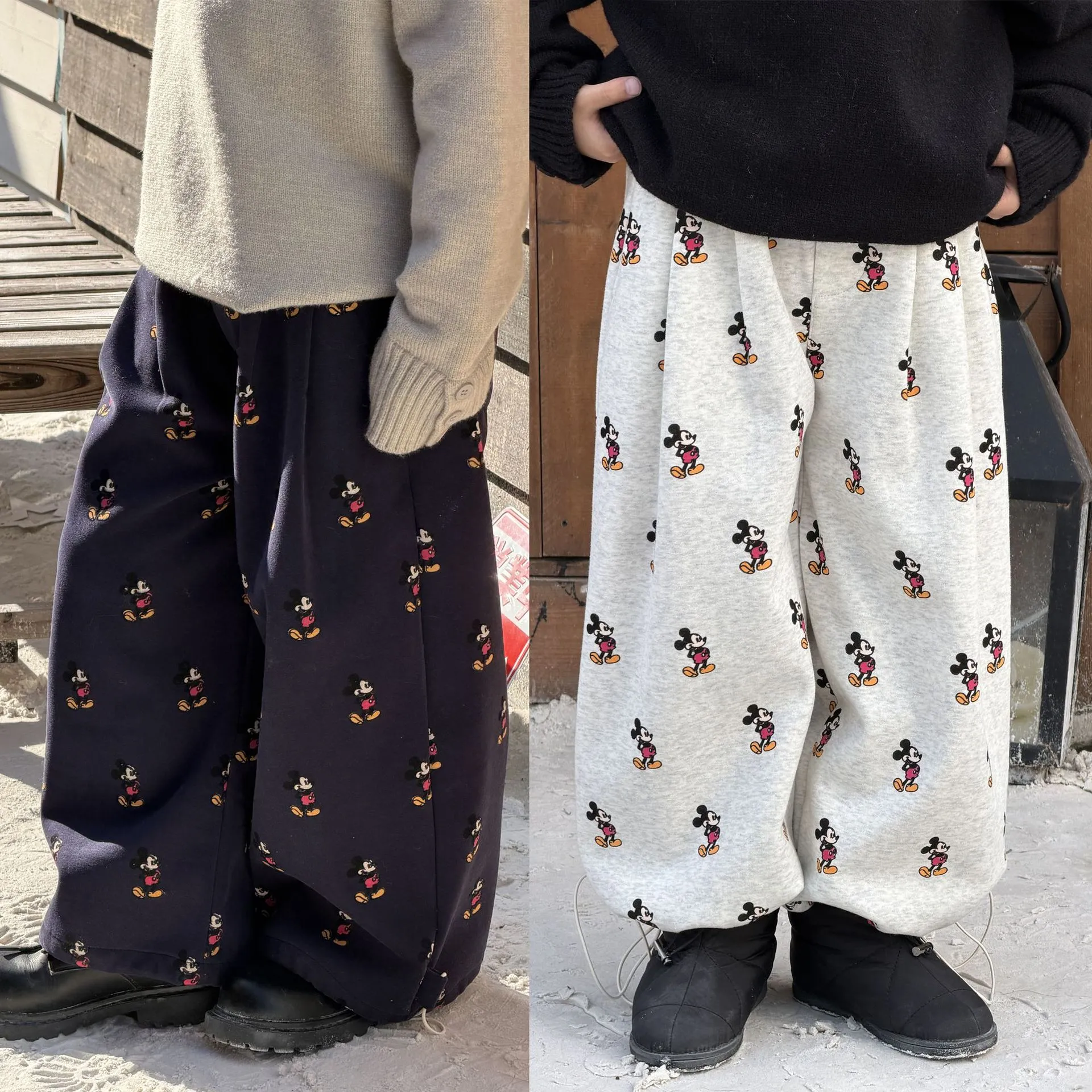 儿童洋气卡通米奇加绒加厚运动卫裤潮冬韩版男童保暖宽松休闲长裤