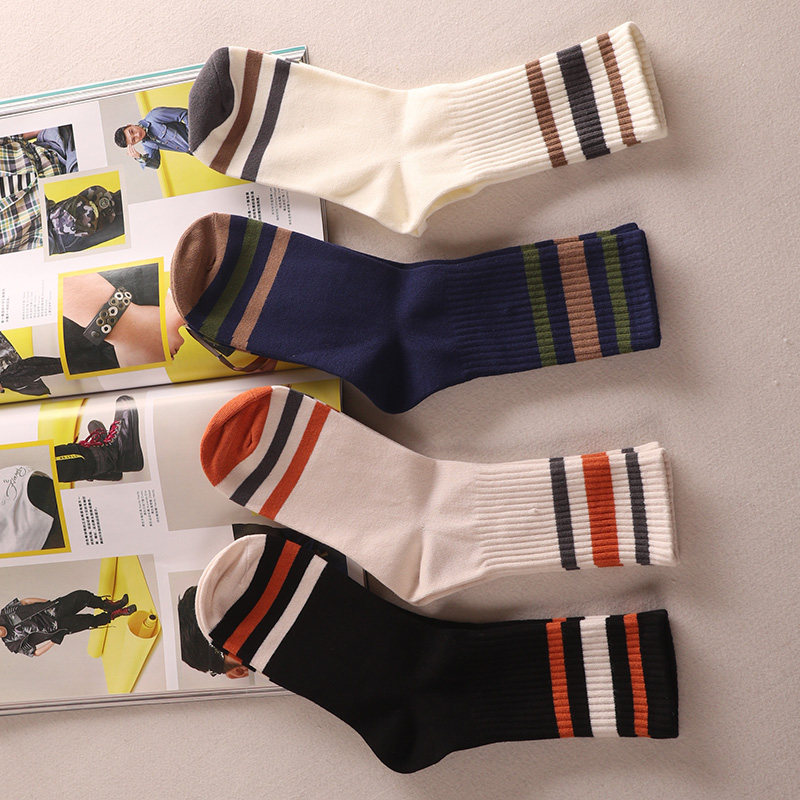 4 Pairs of Pure Cotton Comfortable Striped Mid-Calf Men's Socks, Straight-Leg All-Cotton Autumn Men's Socks, Retro Sports Style