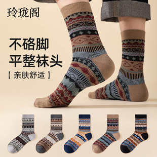 厚款 新款 中筒袜吸汗防臭冬天长袜 复古民族风纯棉袜秋冬季 袜子男士
