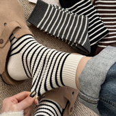 堆堆袜配勃肯鞋 黑白条纹袜子女款 无骨秋冬纯棉中筒袜日系长袜秋季