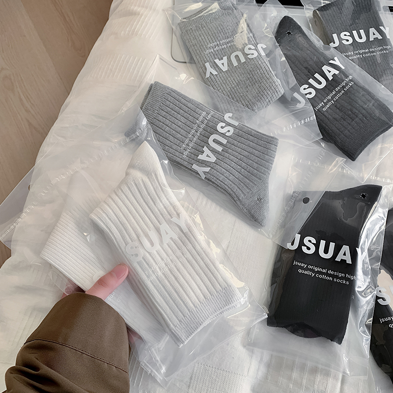 无骨白袜子女春秋款中筒袜堆堆袜灰色纯棉袜长袜ins潮长筒袜白色
