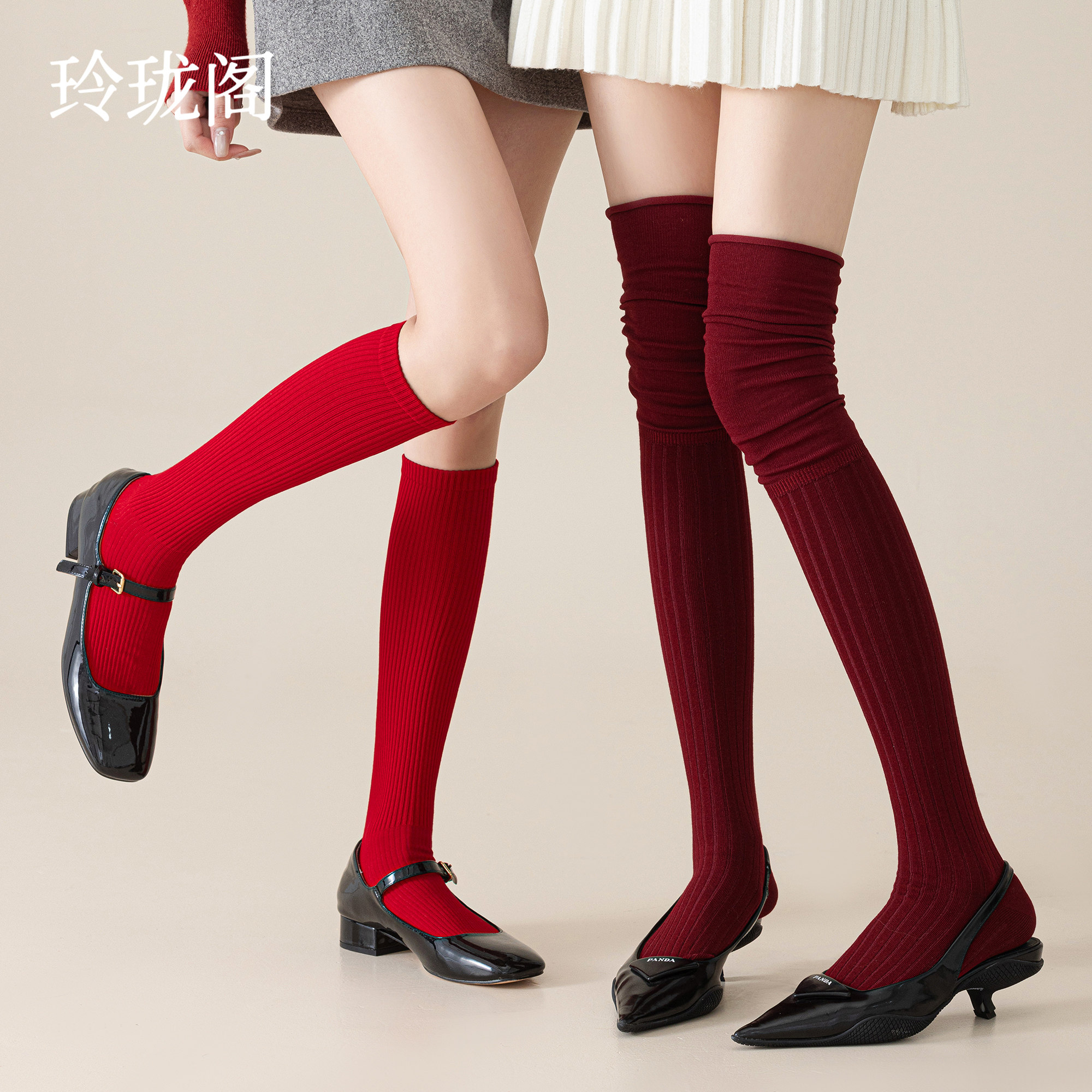 红色小腿袜女款安可拉红过膝长袜纯棉长筒袜春夏高级感酒红色袜子
