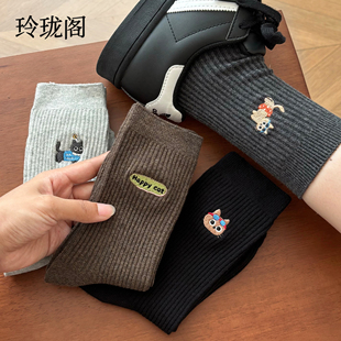 可爱刺绣袜子女款中筒袜2026新款夏薄款纯棉长袜卡通小猫长筒袜