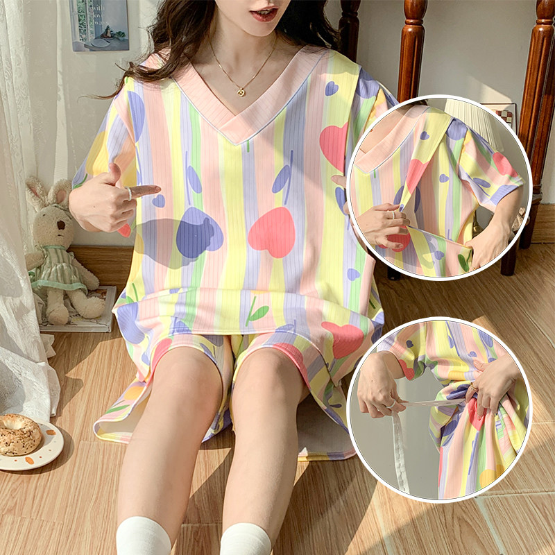 夏季短袖薄款超大码300斤产妇月子服夏天孕妇哺乳期母乳喂奶睡衣