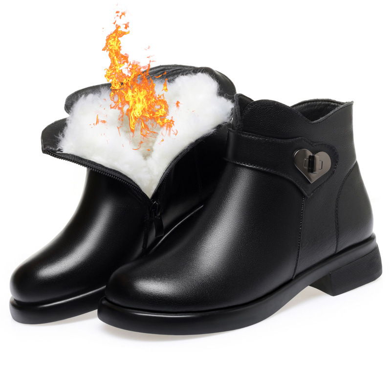 2025真皮女冬季加绒厚底马丁靴棉鞋真皮短靴羊毛皮鞋妈妈保暖鞋子