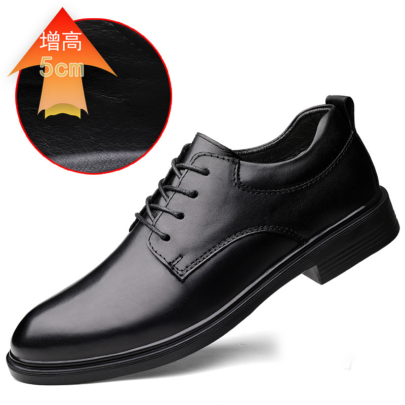 跨境新款男鞋秋冬休闲皮鞋牛皮加绒商务正装皮鞋隐形内增高5cm男