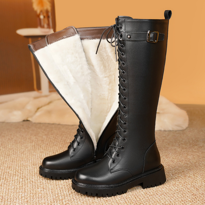 2025真皮软皮冬季马丁靴女厚底长筒靴不过膝高筒加绒加厚皮毛一体