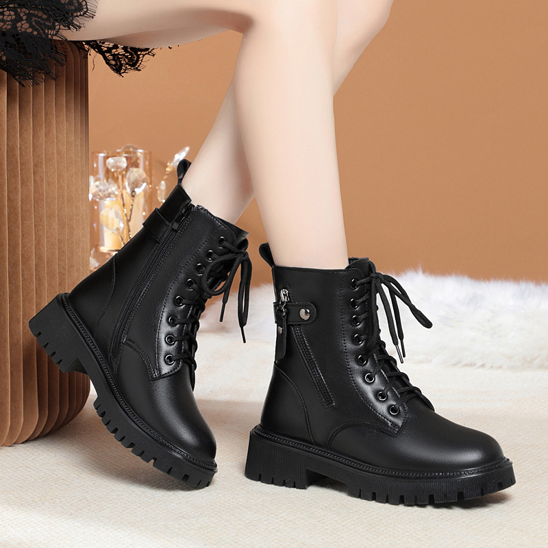 软皮马丁靴女短靴中跟加绒冬季2025年新款羊毛棉鞋粗跟女靴保暖秋