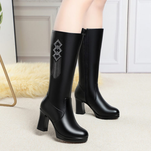 真皮女靴冬季新款棉靴防滑粗跟加绒羊毛长筒靴子中筒靴马靴女棉鞋