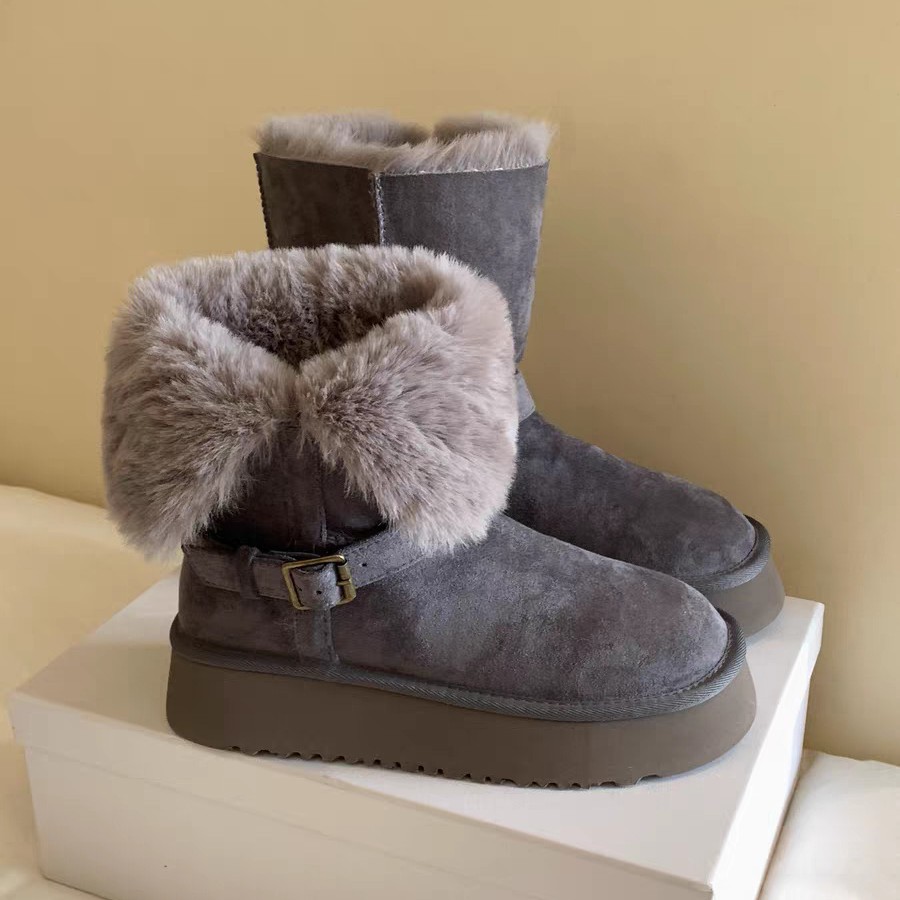 2025年冬季新款厚底雪地靴女两穿扣带加绒保暖毛毛翻边防滑棉靴女