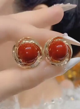 复古港风红色圆形耳夹耳环女精美优雅贵气时尚耳钉轻奢耳饰