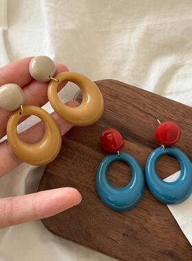 港风复古氛围圆圈撞色耳环女适合方圆脸的耳钉小众设计感夸张耳饰